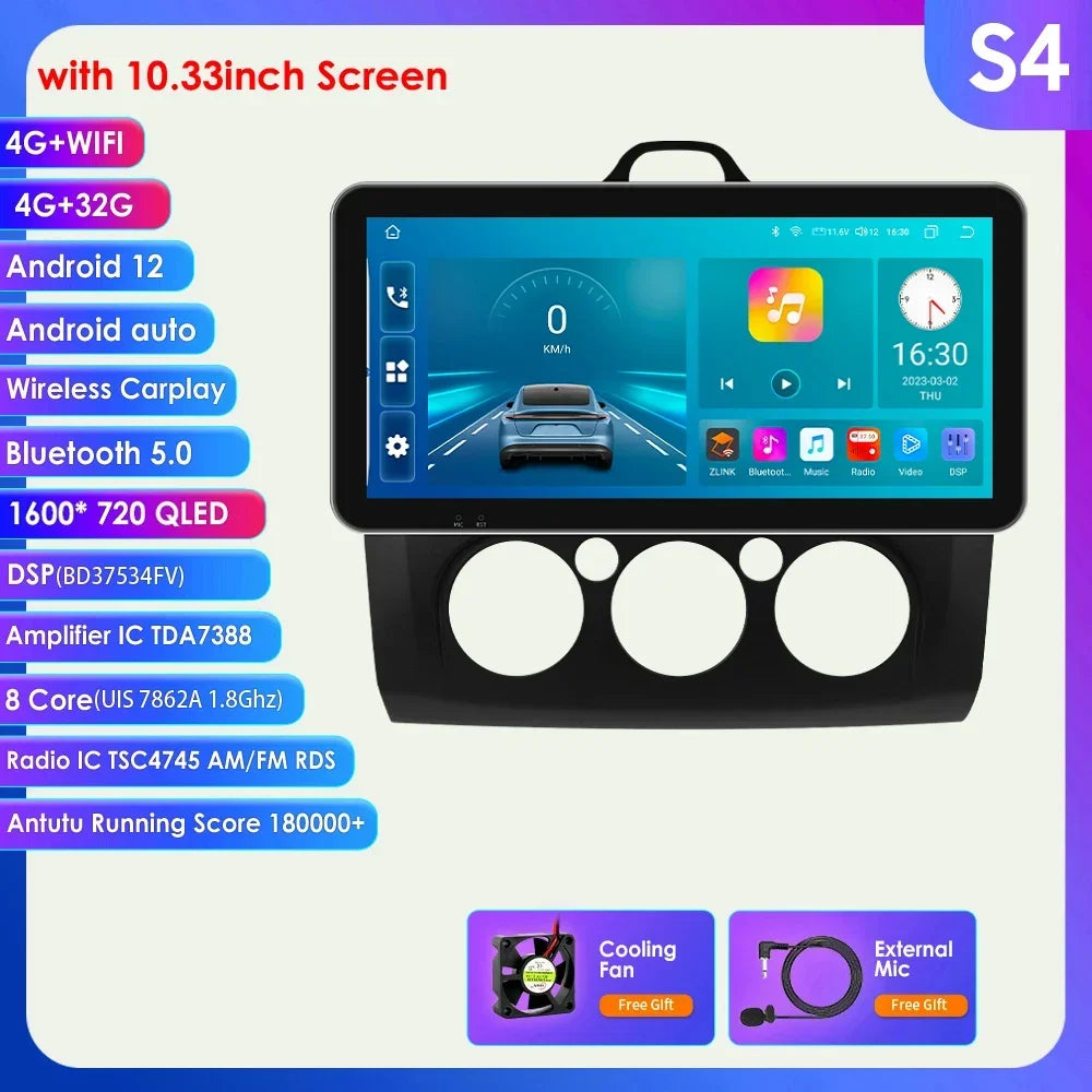 10.33" Wireless Carplay Android Auto for Ford Focus Mk2 2004-2011 Multimedia Player 2 Din Car Radio GPS Navigation BT RDS DSP 4G