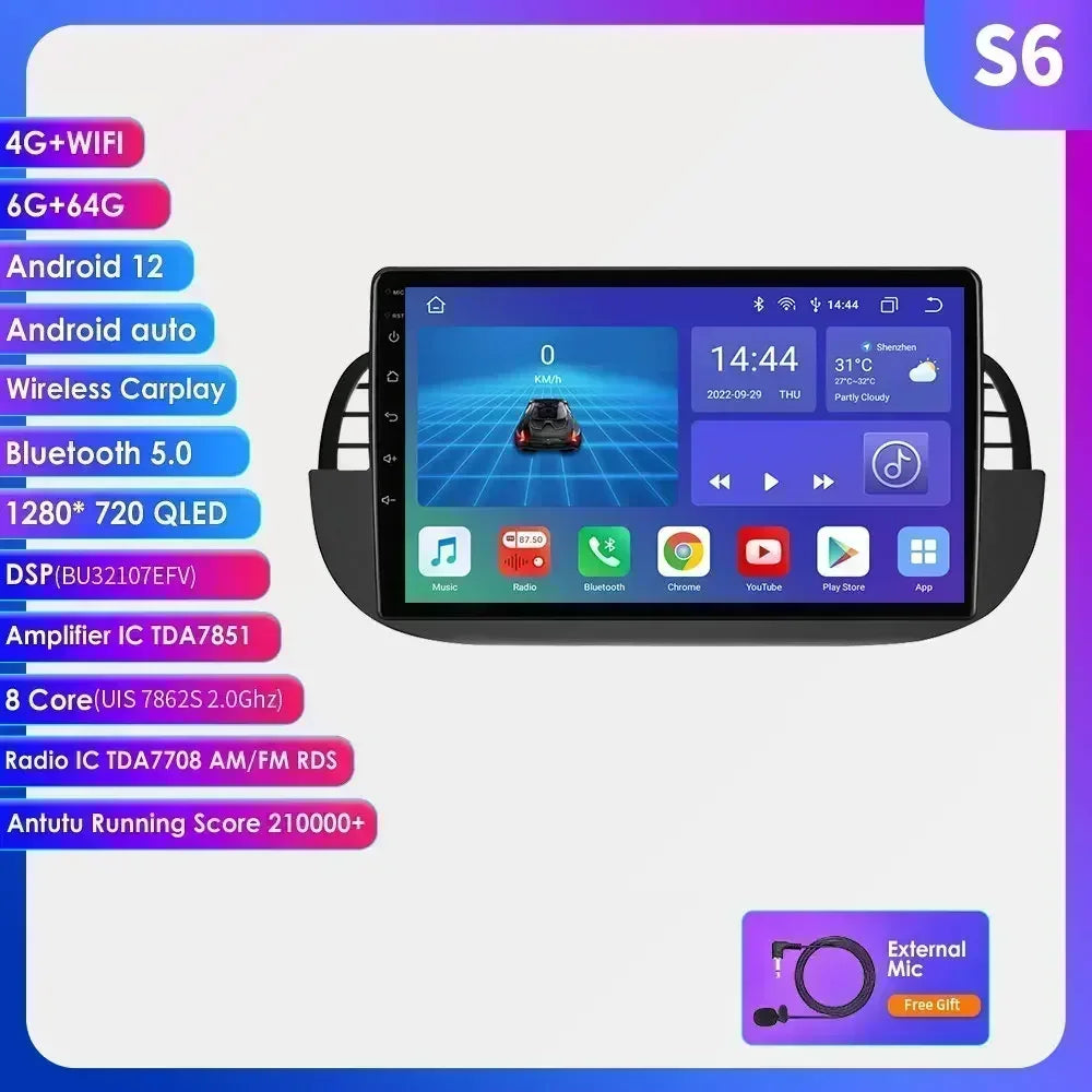 8 Core Android 13 Auto Car Radio Carplay for FIAT 500 2007-2014 Multimedia Video Player Stereo GPS Navi BT SWC RDS DSP 4G NO DVD