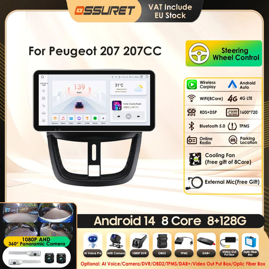 10.33" 8G+128G for Peugeot 207 207CC 2006 -2015 Android 13 2 Din Car Radio Multimedia Player Navigation Autoradio CarPlay Stereo