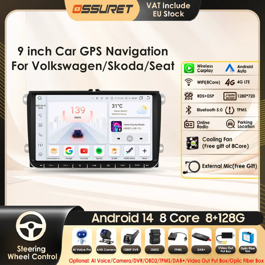 2 Din Carplay Android 14 for Volkswagen VW T5 Passat B6 Golf 6 5 Caddy Polo Touran Jetta Car Radio GPS Multimedia Player RDS BT