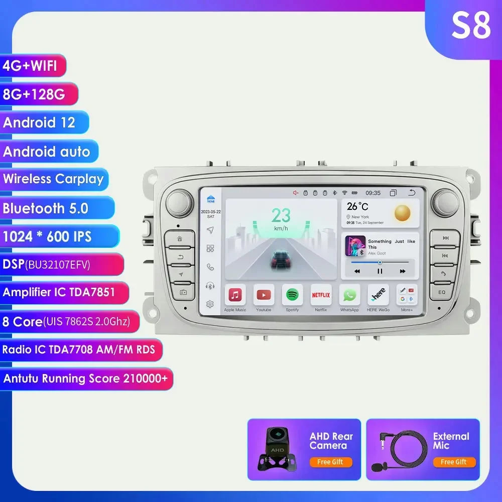 8G 128G 2 Din Carplay Android 13 for Ford Focus Mondeo Kuga C-MAX S-MAX Galaxy Car Radio Multimedia Player Audio Stereo GPS RDS