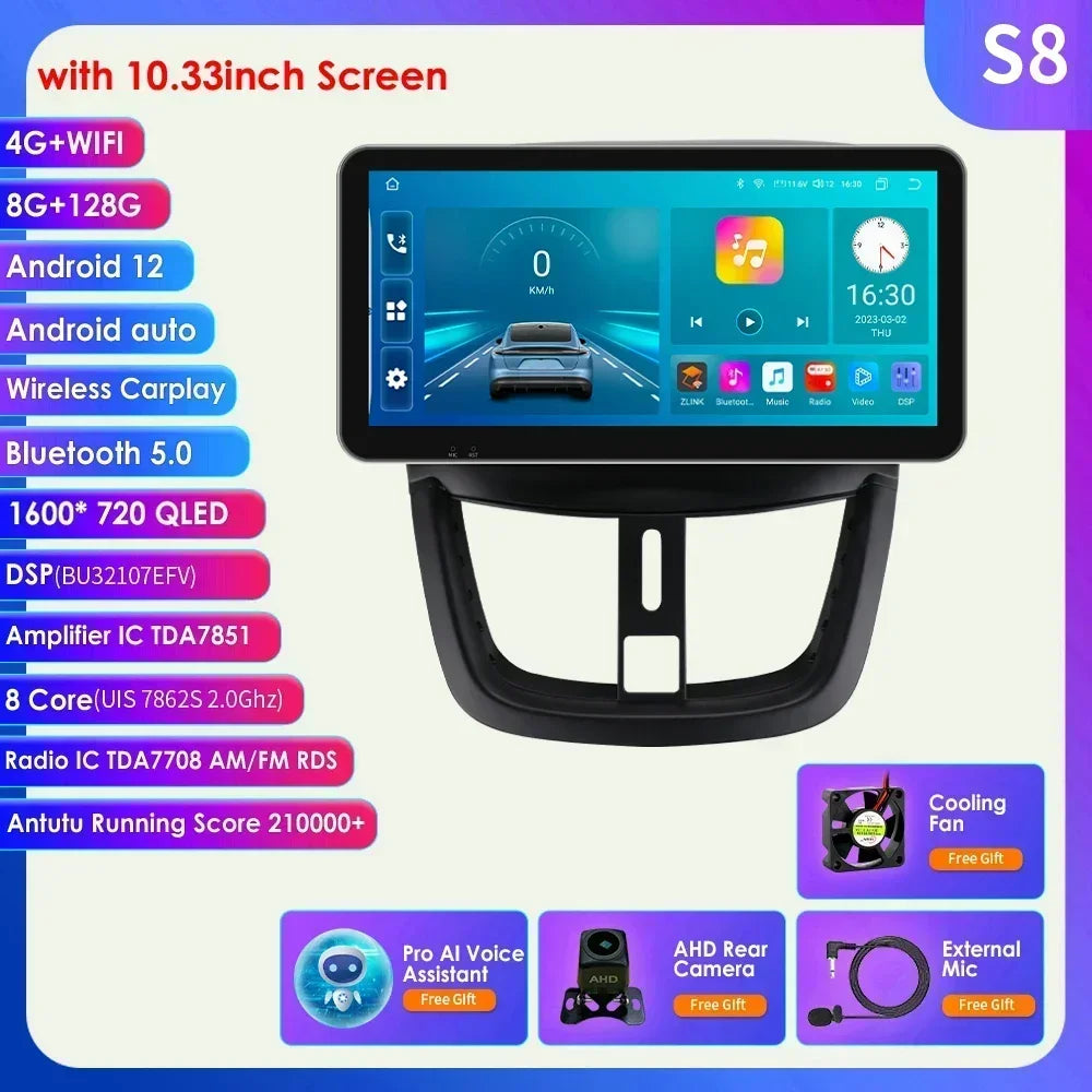 10.33" 8G+128G for Peugeot 207 207CC 2006 -2015 Android 13 2 Din Car Radio Multimedia Player Navigation Autoradio CarPlay Stereo