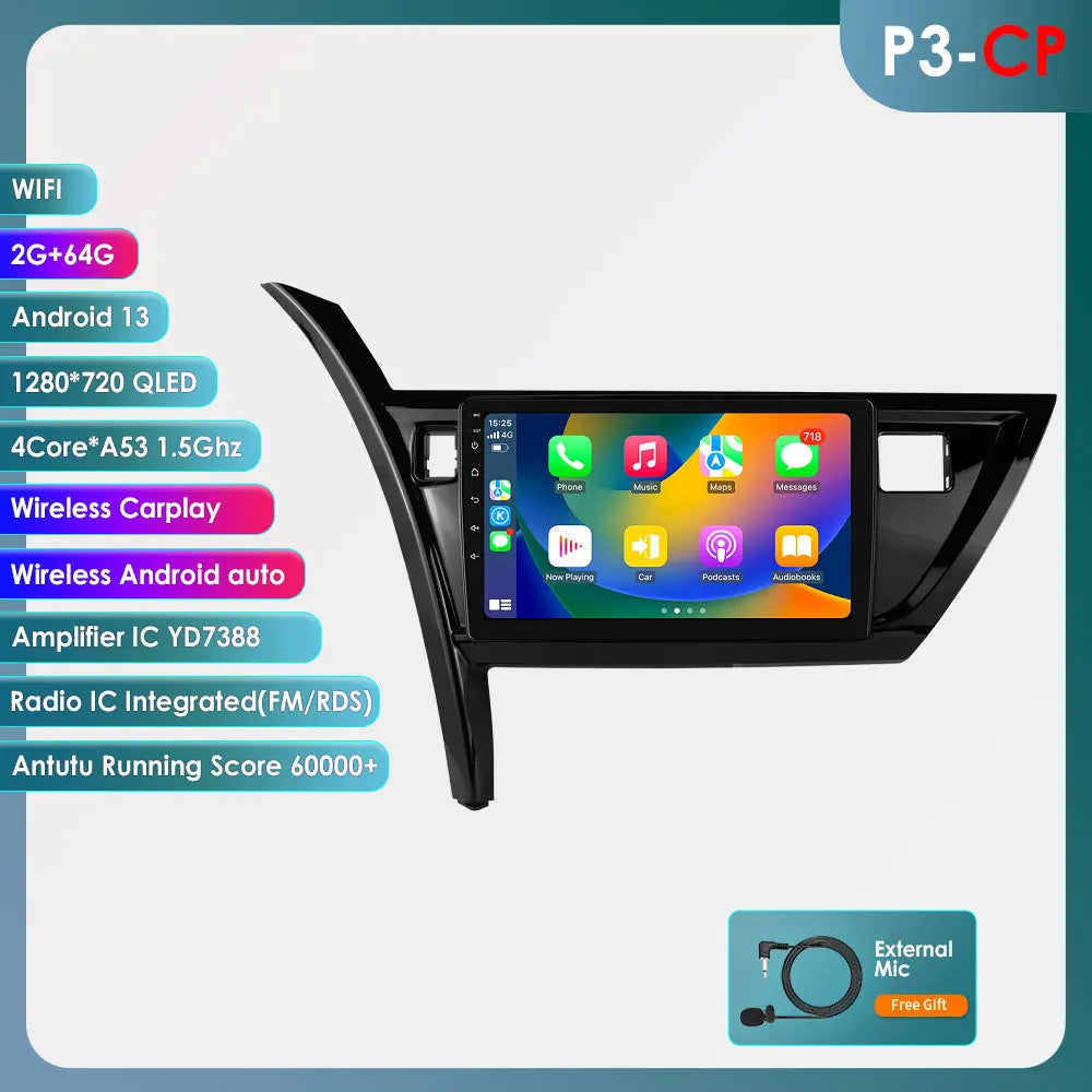 10.1" Android 14 Radio Car Multimedia 2 Din Wireless Carplay Android Auto for Toyota Corolla Auris 2013-2016 (Left Hand Driving)