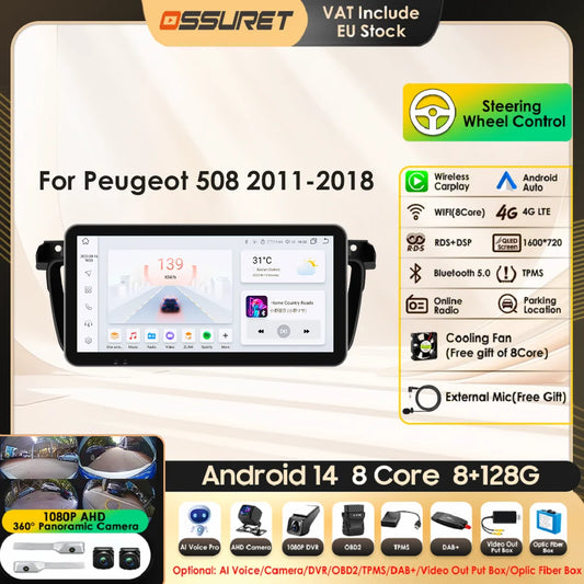 8G+128G for Peugeot 508 508SW 2011 - 2018 10.33'' Andorid 13 Auto Radio 2 Din Car Multimedia Player Carplay Screen GPS BT No DVD
