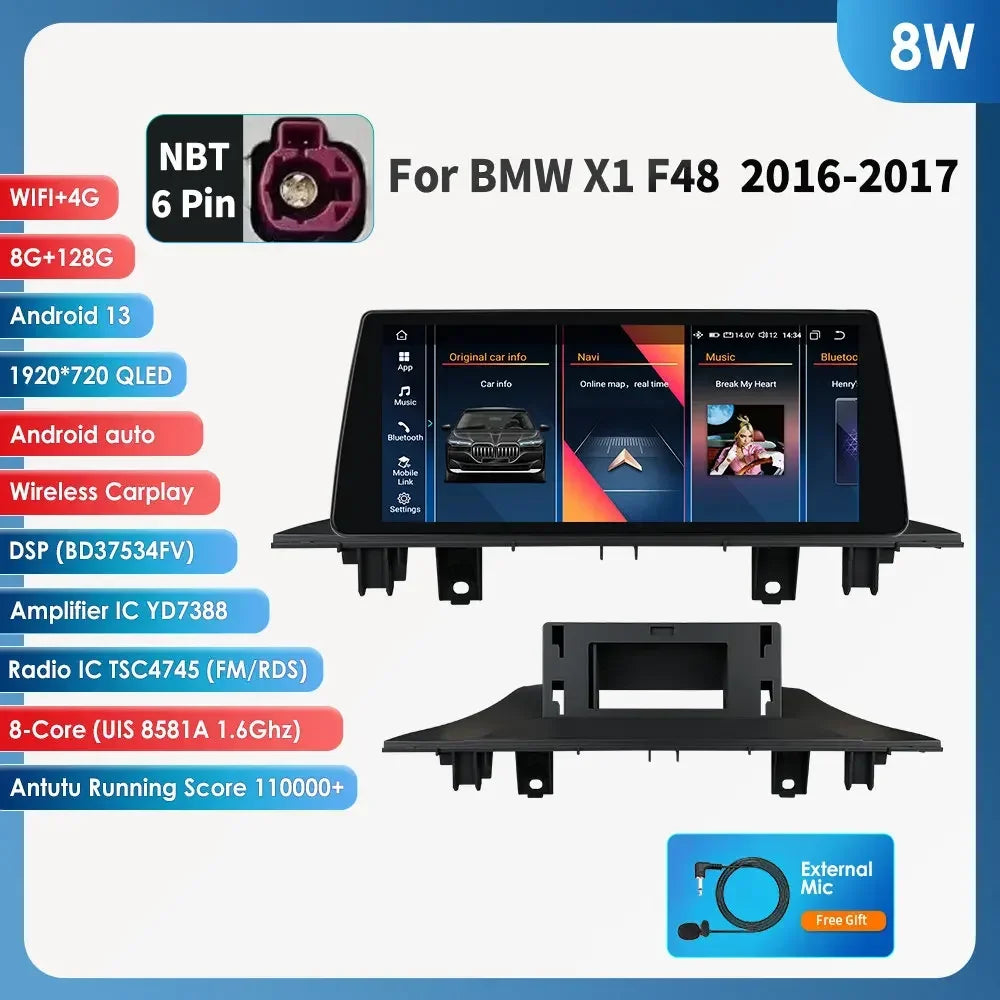 Android 13 Automotive Multimedia 2Din Wireless Carplay Android Auto for BMW X1 F48 (2016-2017)NBT Support AI Pro RDS BT WIFI GPS
