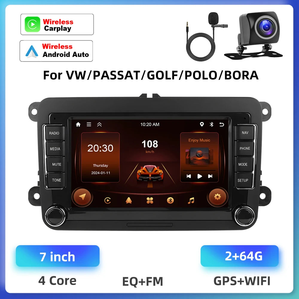 Podofo 4+64G 4Core Car Radio For VW/PASSAT/TOURAN/CADDY/BEETLE 2Din Car Stereo GPS Navigation Carplay Android Auto Car Audio