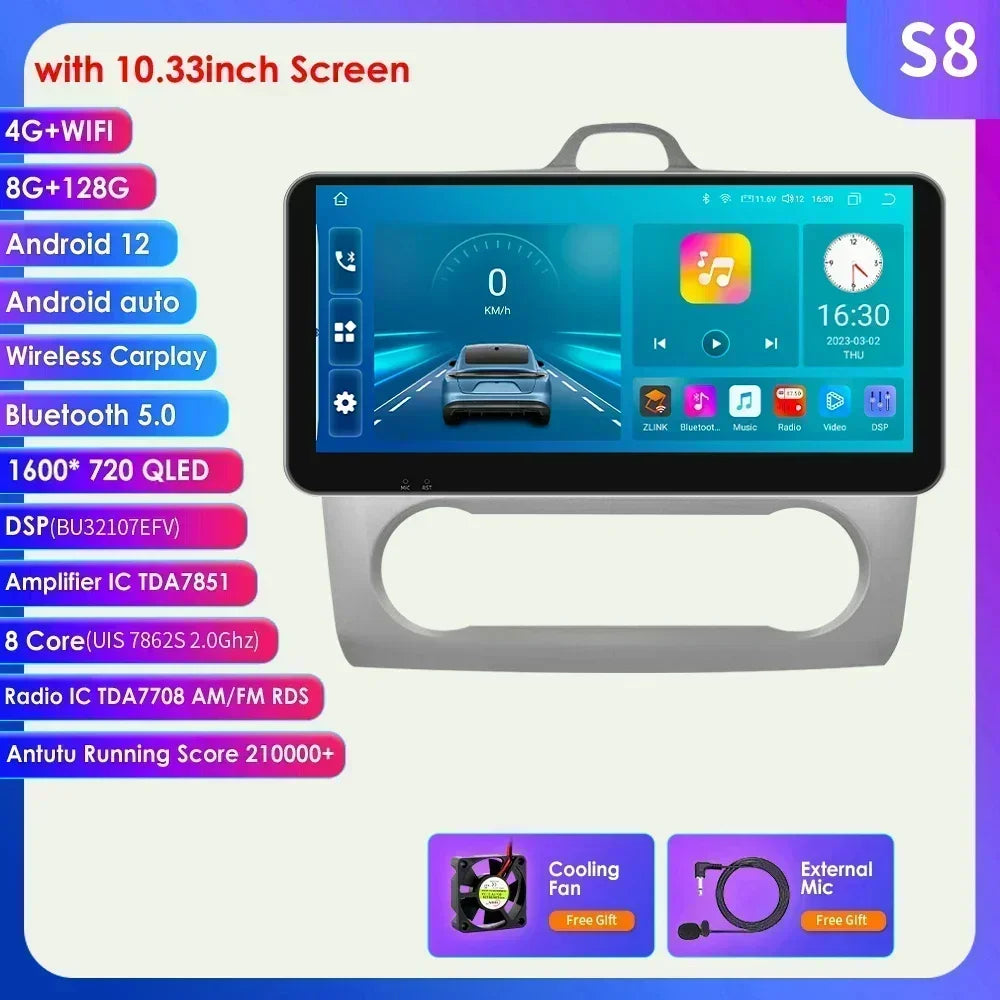 10.33" 2 Din Car Radio for Ford Focus Mk2 Carplay Android 13 Multimedia Video Player GPS Navigation Bluetooth Touch Screen RDS
