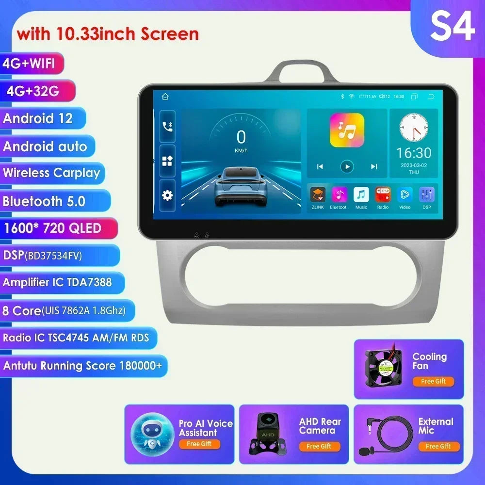 10.33" 2 Din Car Radio for Ford Focus Mk2 Carplay Android 13 Multimedia Video Player GPS Navigation Bluetooth Touch Screen RDS