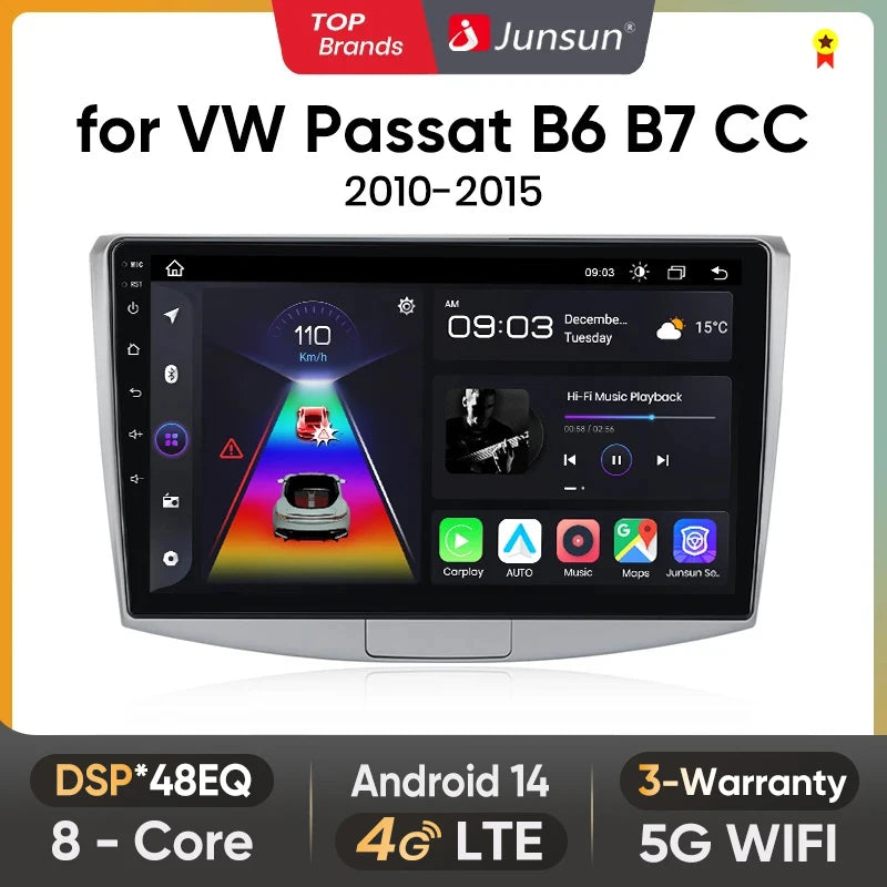 Junsun Android wireless CarPlay Auto Car Radio For Volkswagen Passat B6 B7 CC 2010-2015 Intelligent Systems DSP GPS FM BT SWC