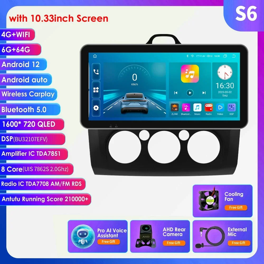 10.33" Wireless Carplay Android Auto for Ford Focus Mk2 2004-2011 Multimedia Player 2 Din Car Radio GPS Navigation BT RDS DSP 4G