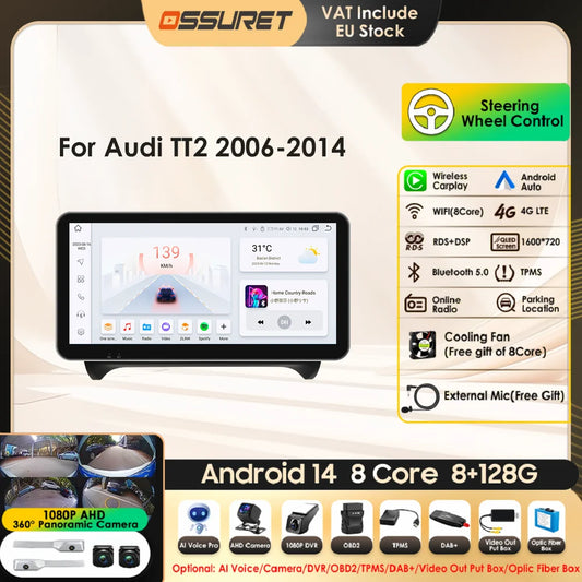 10.33" Wireless Carplay Android 13 Auto 8G+128G Car Radio Multimedia Player for AUDI TT MK2 8J 2006 2007-2014 GPS Navigation RDS