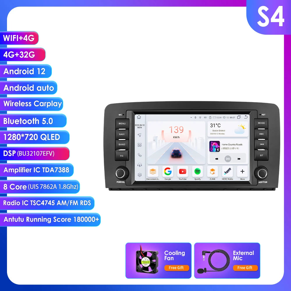 8" Android 14 Car Multimedia Player Wireless Carplay Android Auto for Mercedes Benz R-Class W251 R300 R280 R320 R350 2006-2012