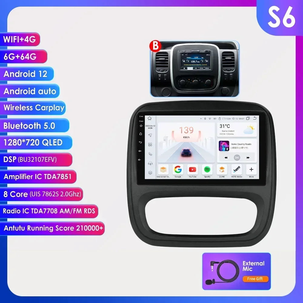 9" Wireless Carplay Android Auto Car Radio for Renault Trafic 3 Opel Vivaro B Multimedia Player GPS Navigation Stereo RDS DSP 4G