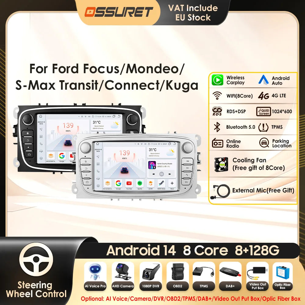 8G 128G 2 Din Carplay Android 13 for Ford Focus Mondeo Kuga C-MAX S-MAX Galaxy Car Radio Multimedia Player Audio Stereo GPS RDS