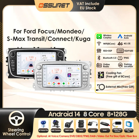 8G 128G 2 Din Carplay Android 13 for Ford Focus Mondeo Kuga C-MAX S-MAX Galaxy Car Radio Multimedia Player Audio Stereo GPS RDS