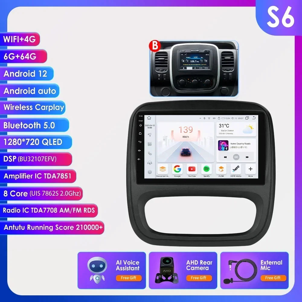 9" Wireless Carplay Android Auto Car Radio for Renault Trafic 3 Opel Vivaro B Multimedia Player GPS Navigation Stereo RDS DSP 4G