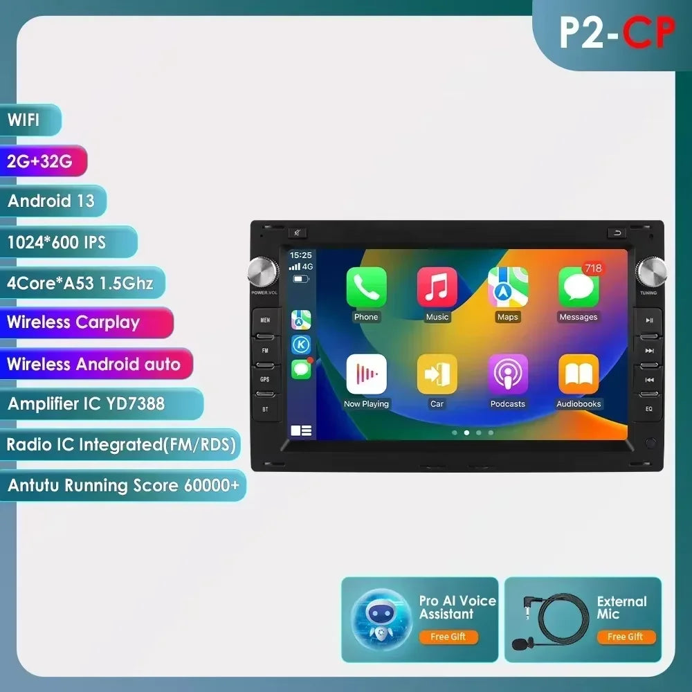 7 Inch Wireless Carplay Android Auto Android 14 Radio Car Multimedia for VW Golf 4 Passat POLO Transport T5 Multivan Seat Jetta