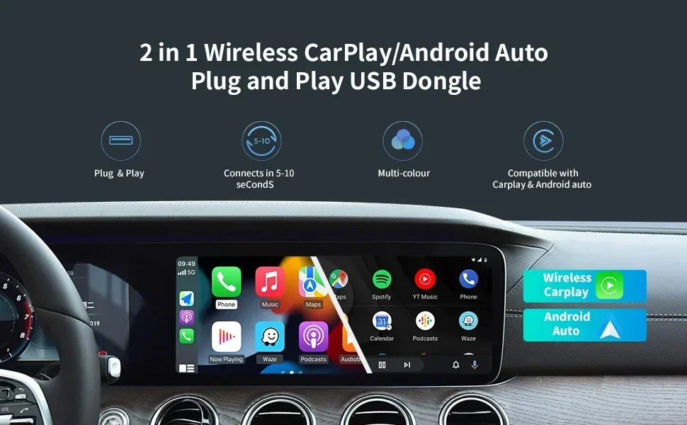 New 2-in-1 360 Degree Wireless Adapter CarPlay Android AUTO Car Dongle USB Smart Mini Box Plug & Play WiFi Fast Connectivity