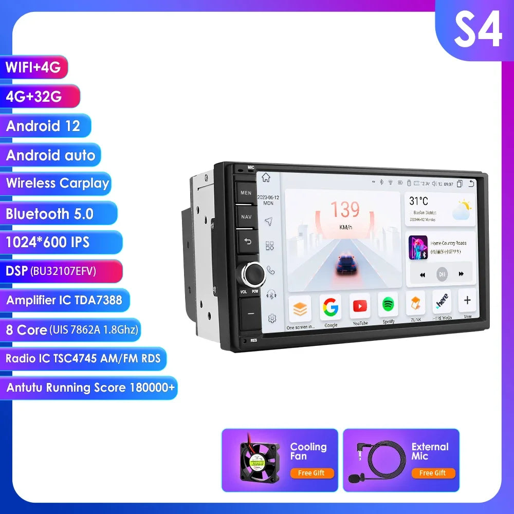 OSSURET Universal Android 14 4G 64G 7'' 2 Din Car Multimedia Player with BT GPS DSP for Toyota Verso Nissan Qashqai Hyundai I 10