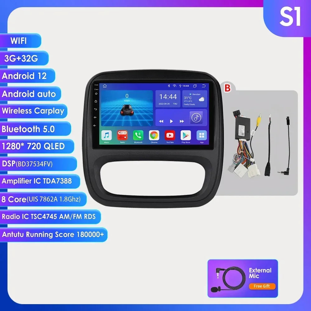 9" Wireless Carplay Android Auto Car Radio for Renault Trafic 3 Opel Vivaro B Multimedia Player GPS Navigation Stereo RDS DSP 4G