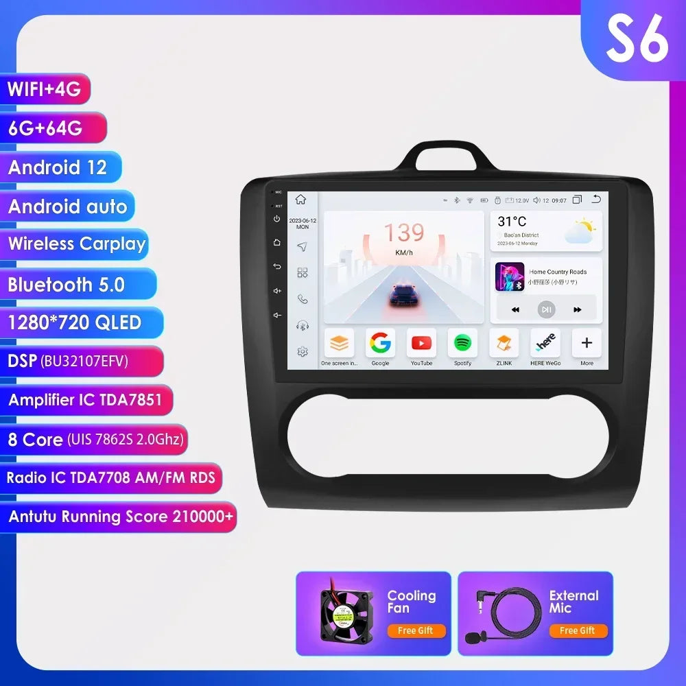 9" Android Wireless Carplay for Ford Focus 2 Mk2 2004 -2011 Exi AT Car Radio Multimedia Video Player Stereo BT GPS 4G RDS NO CAN