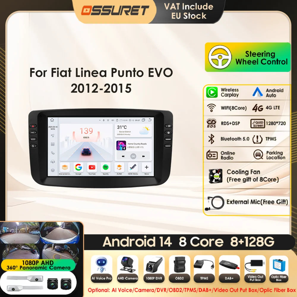 9" Car Multimedia Player 2Din Stereo for Fiat Linea Punto EVO 2012-2015 Android 13 with Wifi Bluetooth GPS Navi Radio Player 4G