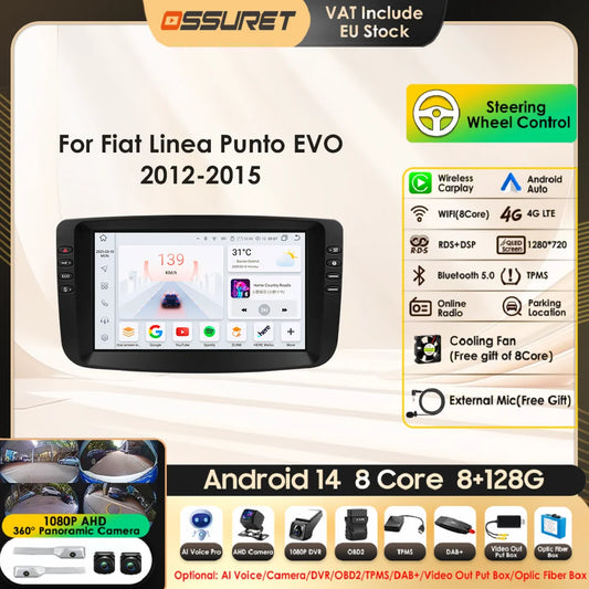 9" Car Multimedia Player 2Din Stereo for Fiat Linea Punto EVO 2012-2015 Android 13 with Wifi Bluetooth GPS Navi Radio Player 4G