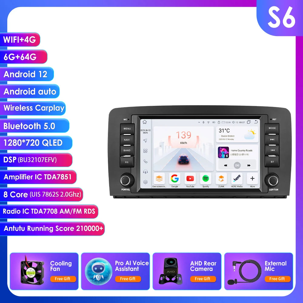 8" Android 14 Car Multimedia Player Wireless Carplay Android Auto for Mercedes Benz R-Class W251 R300 R280 R320 R350 2006-2012
