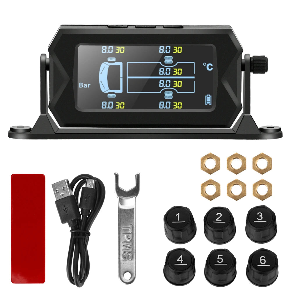 Solar Car RV Truck TPMS Tire Pressure Monitoring System With 4/6 External Sensors Wireless 180° Adjustable Bracket Waterproof