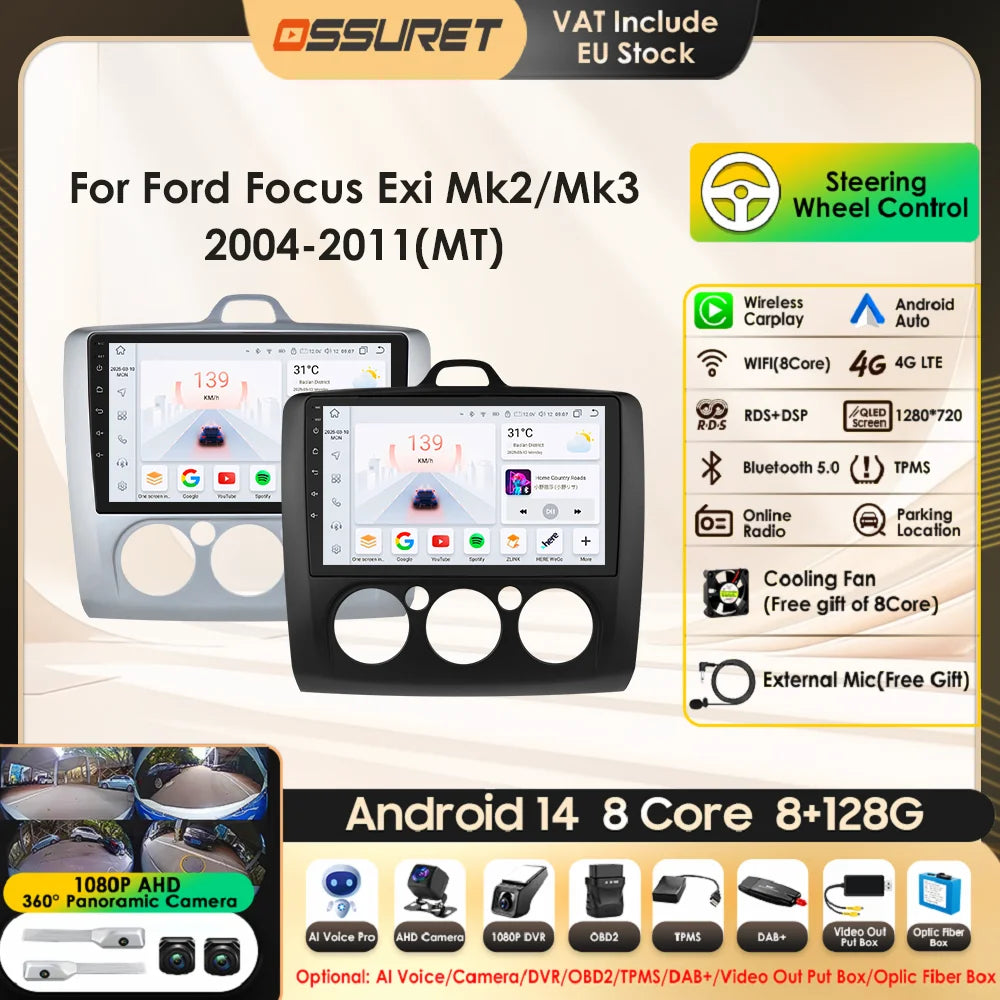 Android 13 Wireless Carplay for Ford Focus Exi MT 2 3 MK2 MK3 2004-2011 9" Car Radio Multimedia Player GPS Navi BT DSP 4G Stereo