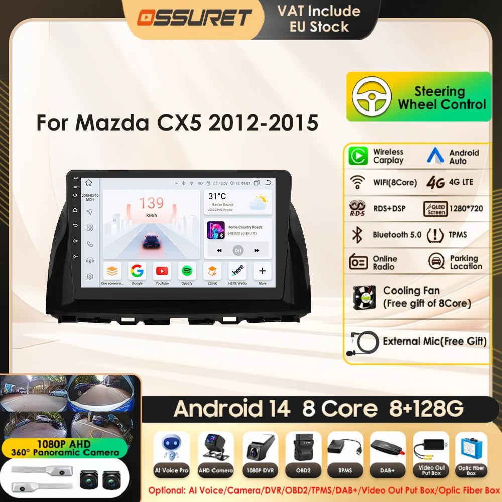 10.33'' Android 13 Car Multimedia Player for Mazda CX5 CX-5 2012-2015 Carplay 2 Din Autoradio GPS Navigation BT RDS 4G Head Unit