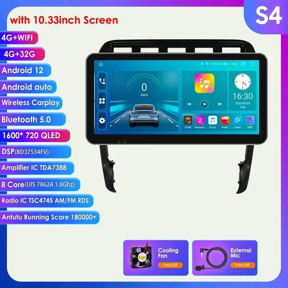 10.33" Wireless Carplay Android 13 Car Multimedia Player for Porsche Cayenne 1 2002-2010 2din Navigation GPS RDS Headunit Stereo