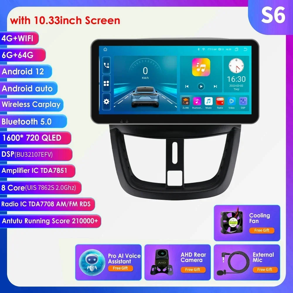 10.33" 8G+128G for Peugeot 207 207CC 2006 -2015 Android 13 2 Din Car Radio Multimedia Player Navigation Autoradio CarPlay Stereo