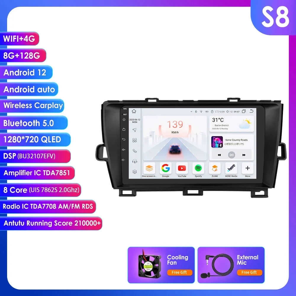 9" 2din Car Stereo Radio Video Multimedia Player for Toyota Prius 3 2009 - 2015 Android 13 Navigation GPS Autoradio 4G Head Unit