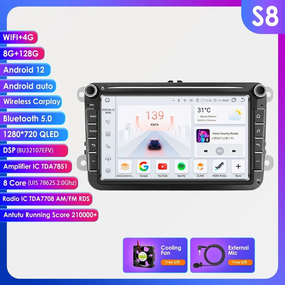 8" 2 Din Multimedia Player for Volkswagen Golf 5 Transporter VW Passat B6 Polo Jetta Skoda Seat Android 13 Carplay Car Radio GPS
