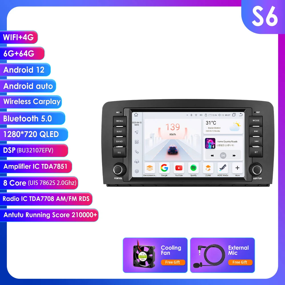 8" Android 14 Car Multimedia Player Wireless Carplay Android Auto for Mercedes Benz R-Class W251 R300 R280 R320 R350 2006-2012