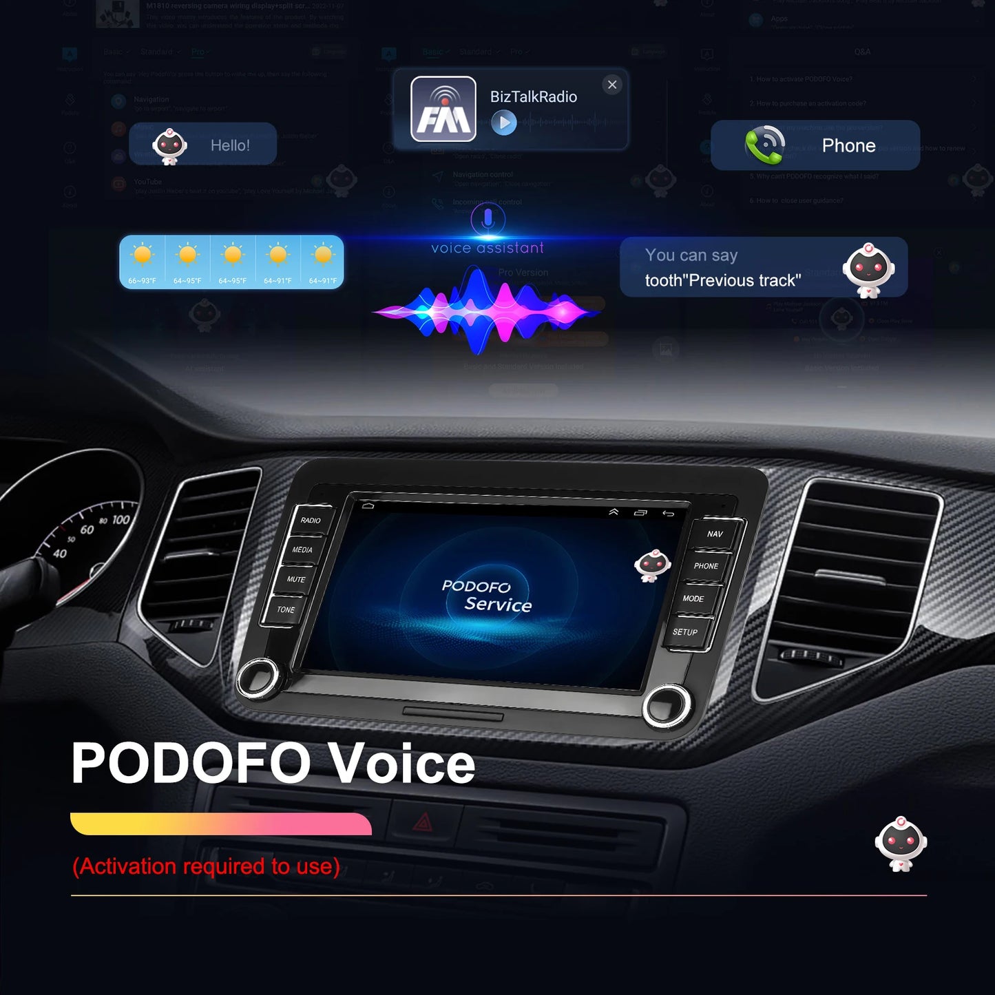 Podofo 4+64G 4Core Car Radio For VW/PASSAT/TOURAN/CADDY/BEETLE 2Din Car Stereo GPS Navigation Carplay Android Auto Car Audio