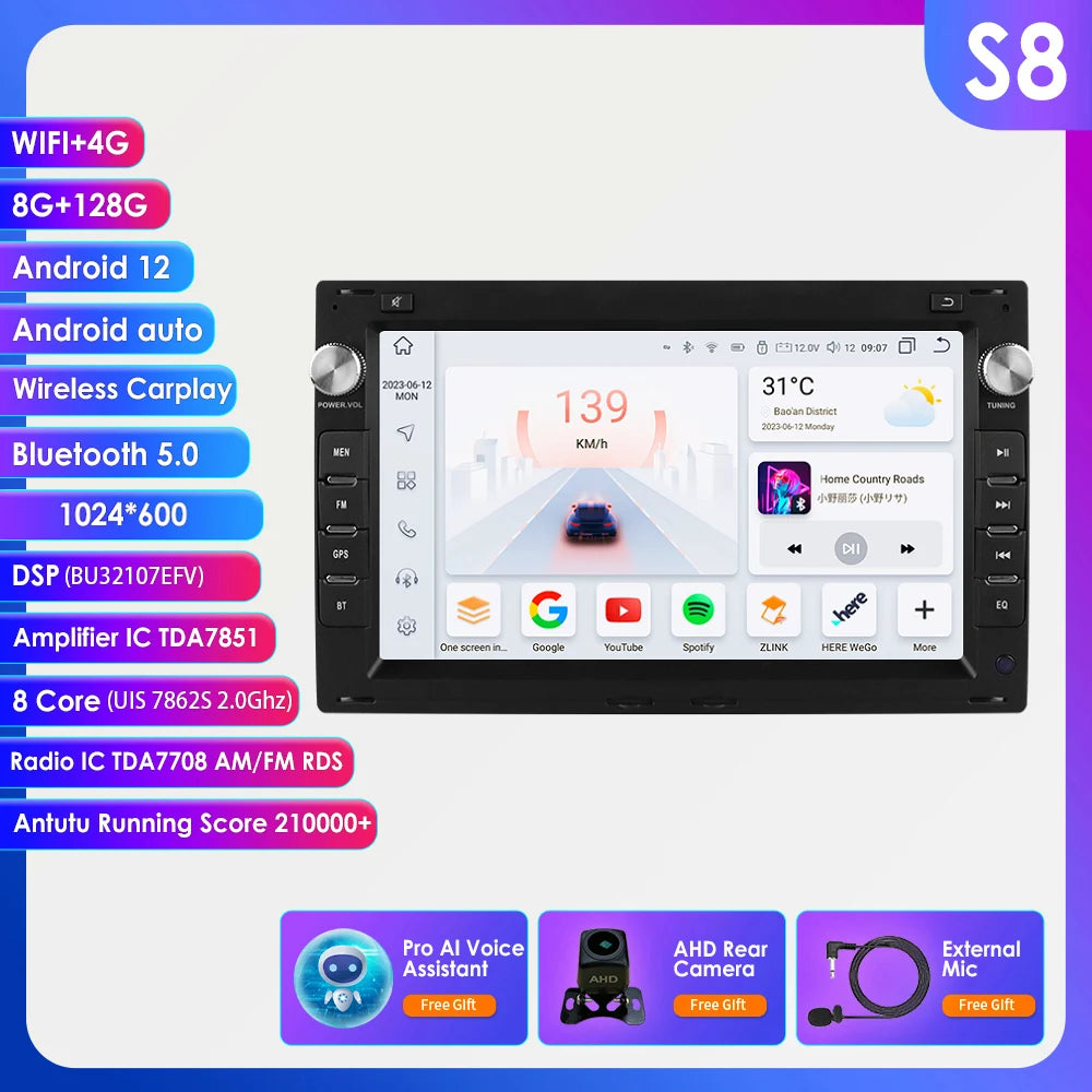 7 Inch Wireless Carplay Android Auto Android 14 Radio Car Multimedia for VW Golf 4 Passat POLO Transport T5 Multivan Seat Jetta