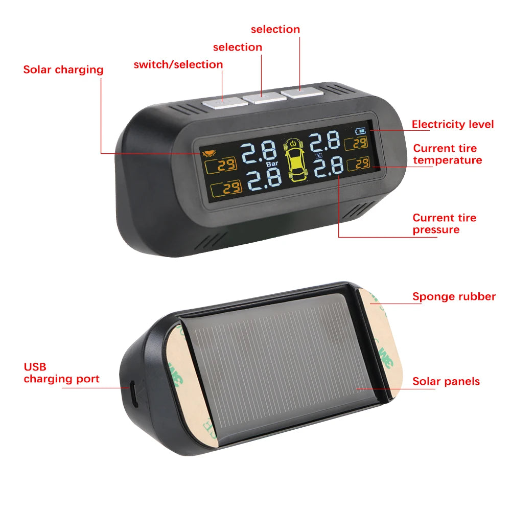 Solar Car RV Truck TPMS Tire Pressure Monitoring System With 4/6 External Sensors Wireless 180° Adjustable Bracket Waterproof