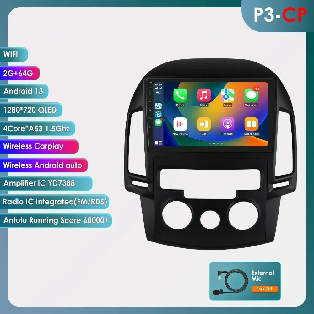 Android 13 Wireless Carplay for Hyundai I30 MT AT 2006 - 2011 9" Car Multimedia Player GPS Navi BT DSP 4G 2 Din Autoradio Stereo