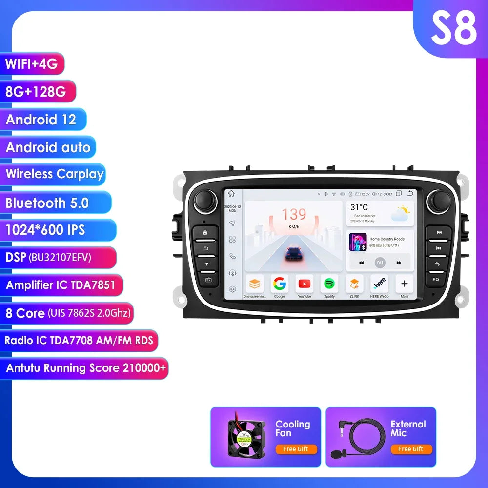 8G 128G 2 Din Carplay Android 13 for Ford Focus Mondeo Kuga C-MAX S-MAX Galaxy Car Radio Multimedia Player Audio Stereo GPS RDS