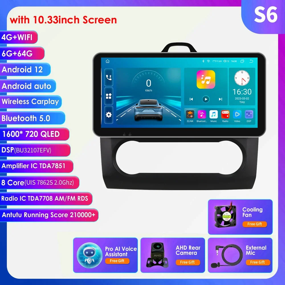 10.33" 2 Din Car Radio for Ford Focus Mk2 Carplay Android 13 Multimedia Video Player GPS Navigation Bluetooth Touch Screen RDS
