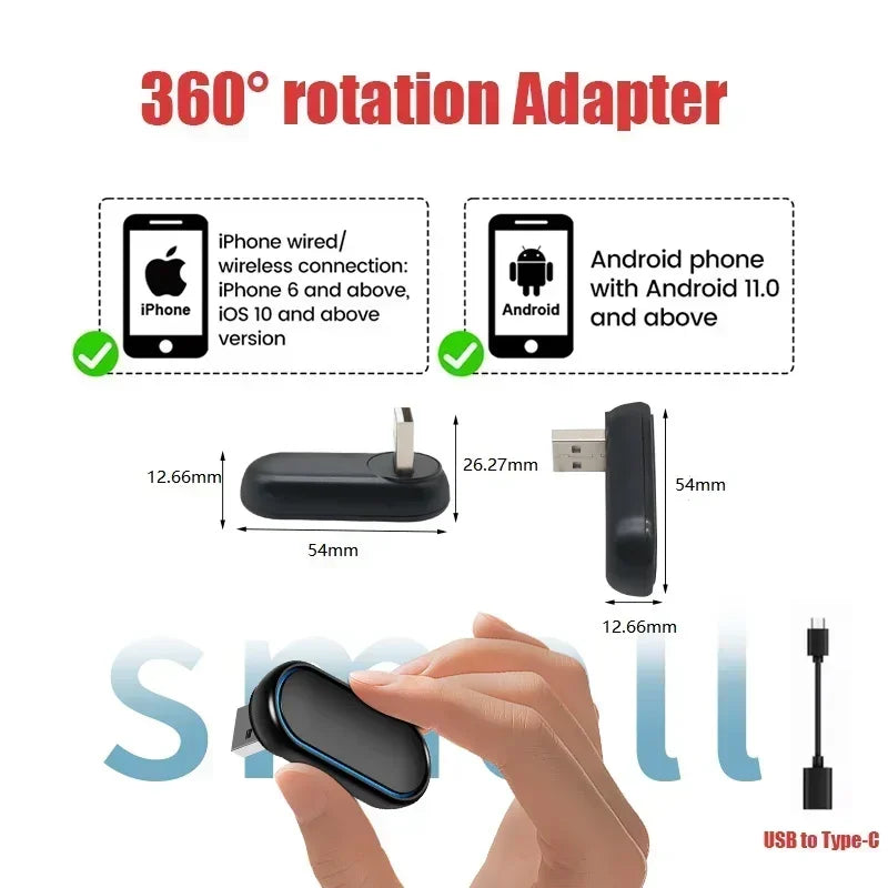 New 2-in-1 360 Degree Wireless Adapter CarPlay Android AUTO Car Dongle USB Smart Mini Box Plug & Play WiFi Fast Connectivity