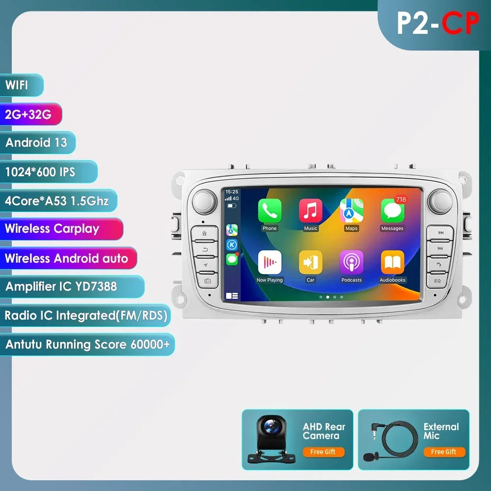 8G 128G 2 Din Carplay Android 13 for Ford Focus Mondeo Kuga C-MAX S-MAX Galaxy Car Radio Multimedia Player Audio Stereo GPS RDS