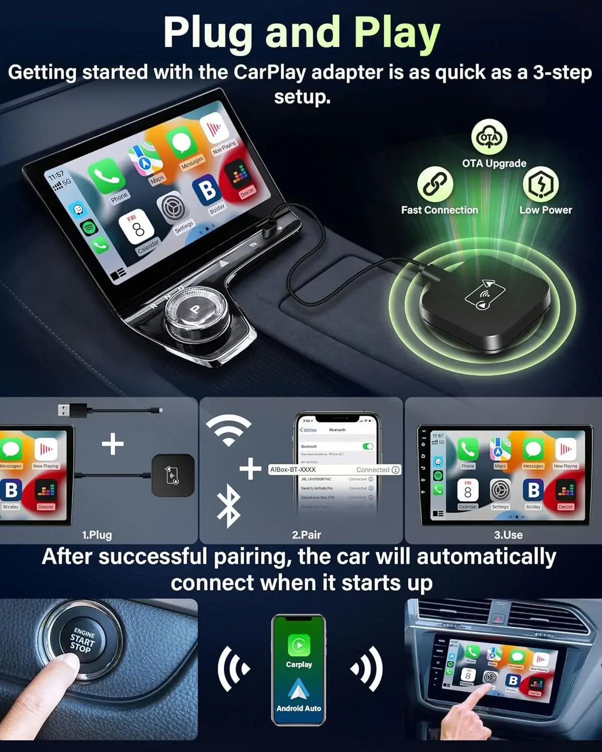 Mini Box Wired to Wireless CarPlay and Android Auto Wireless Adapter Spotify For Toyota Mazda Nissan Camry Audi Ford Kia Hyundai