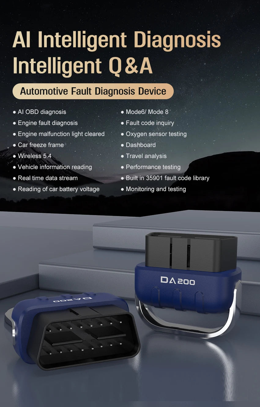 For DA200 OBD II Auto Fault Diagnosis Mode 6/8 Code Read Erase Bluetooth 4.0/5.4 OBD2 Scanner Free APP 25K80 Chip Battery Tester
