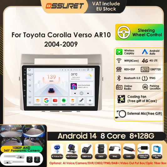 Wireless Carplay Android Auto Car Multimedia Player 9'' Touch Screen for Toyota Corolla Verso AR10 2004 2005 2006 2007 2008 2009