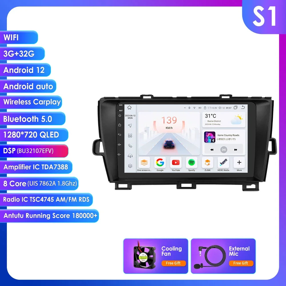 9" 2din Car Stereo Radio Video Multimedia Player for Toyota Prius 3 2009 - 2015 Android 13 Navigation GPS Autoradio 4G Head Unit