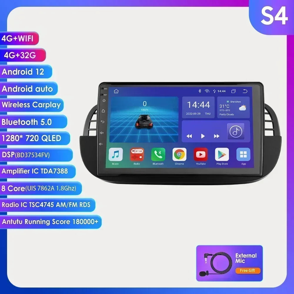 8 Core Android 13 Auto Car Radio Carplay for FIAT 500 2007-2014 Multimedia Video Player Stereo GPS Navi BT SWC RDS DSP 4G NO DVD