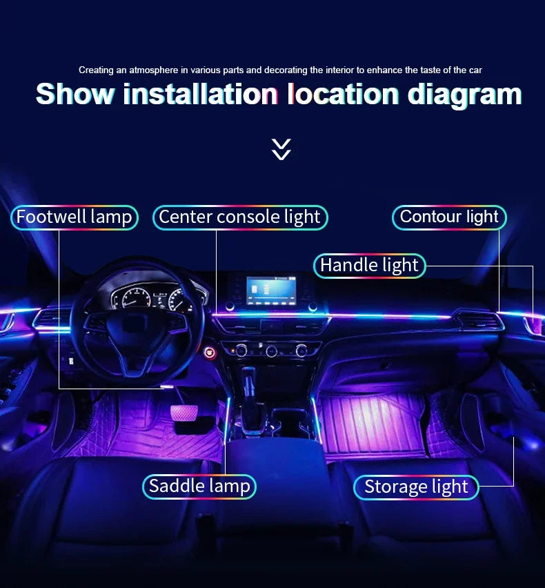 18 in 1 Led Car Ambient Lights Symphony Bluetooth App RGB 213 Color Streamer Rainbow Acrylic Strip Interior Atmosphere Lamp 12V
